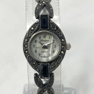 Vtg Geneva Marcasite Watch Women 18mm Silver Tone Patina MOP Dial New Battery 7"